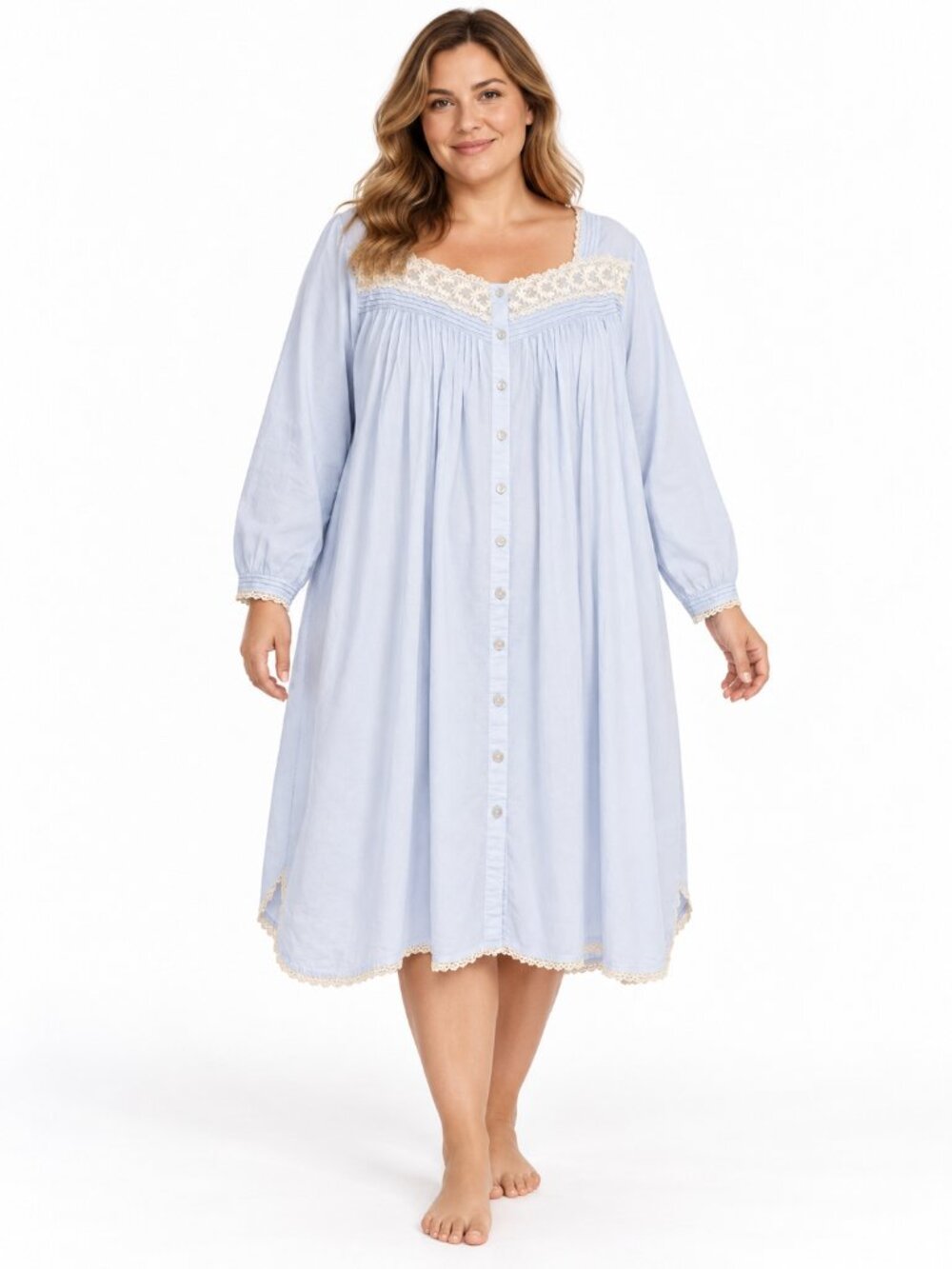 Eileen West Nightgown 1X Blue Cotton Lace Trim Long Sleeve Button Front